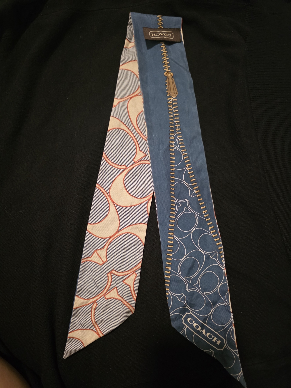 COACH Blue & Cream Signature Print Silk Skinny Scarf